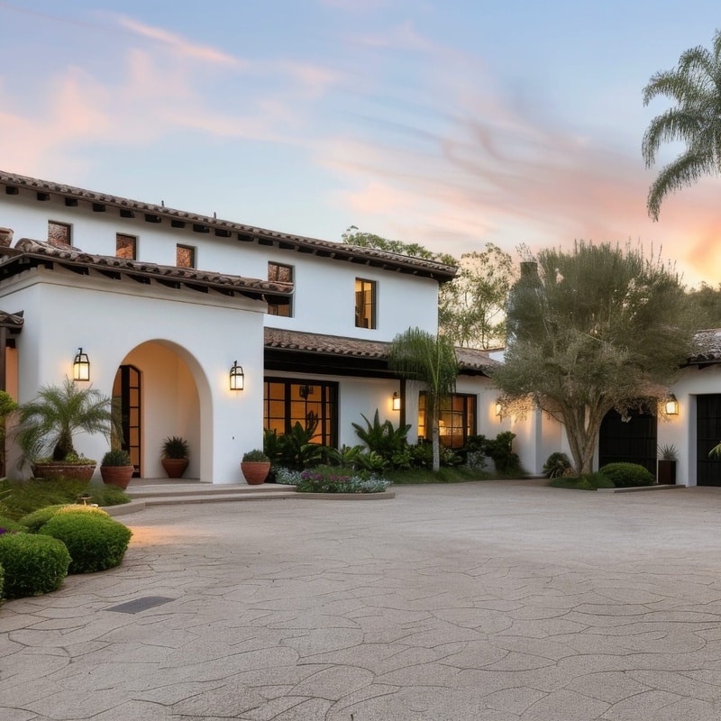 Luxury Mediterranean Style Estate at Sunset Large luxury Mediterranean style home with landscaped gardens and a circular driveway at sunset.