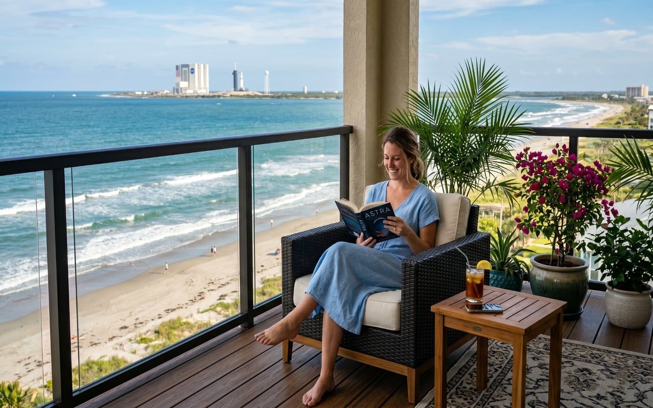 Oceanfront Balcony Retreat Near Cape Canaveral Woman relaxing in a balcony chair reading a book while overlooking the ocean, sandy beach, and Cape Canaveral launch facilities in the distance.