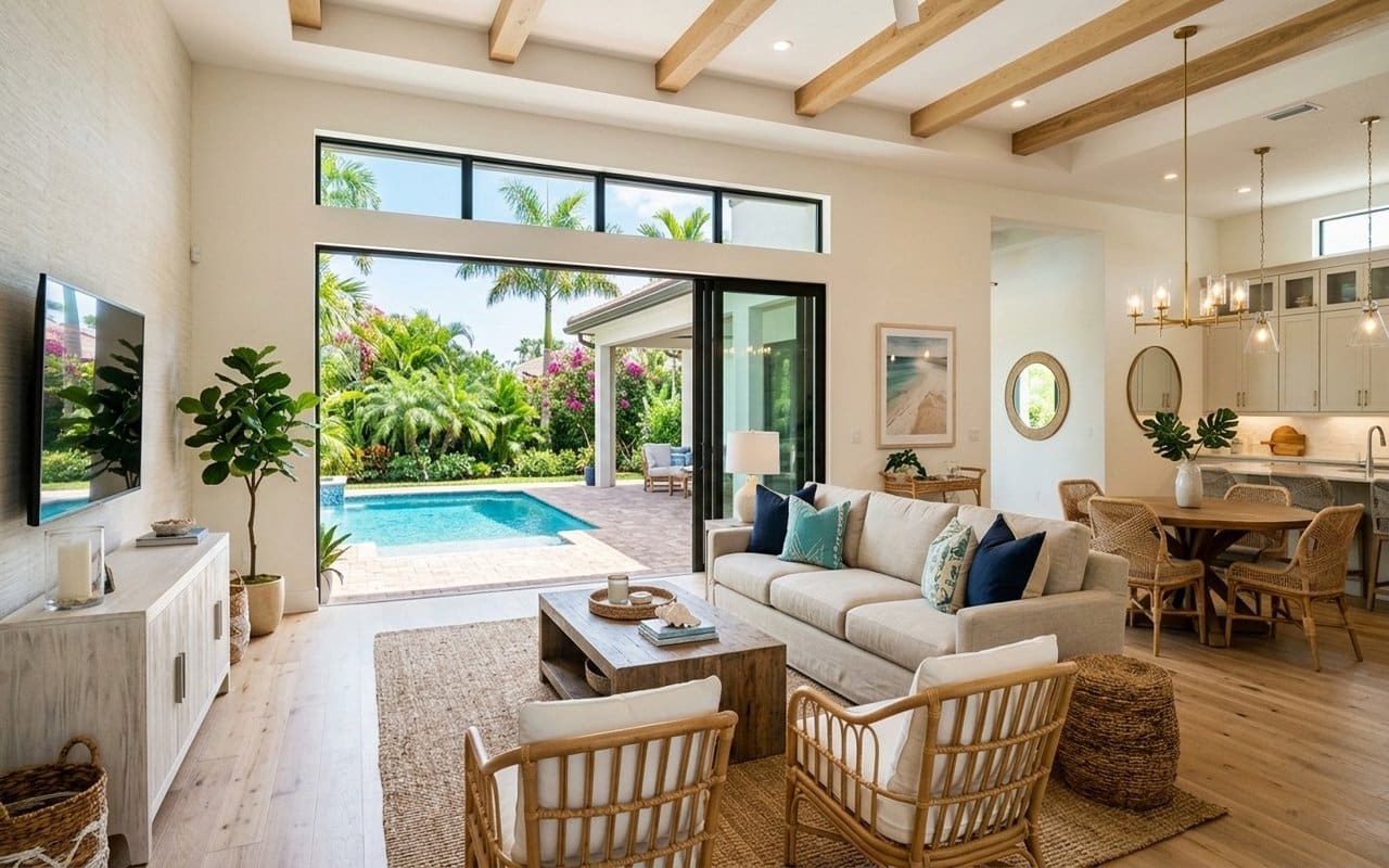 Luxury Florida Living Room With Pool View Open concept luxury living room with pool view, modern coastal design, and indoor outdoor entertaining space in a Florida home